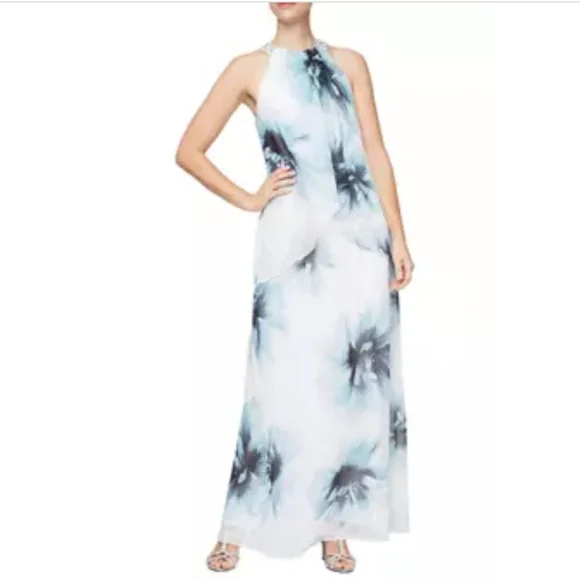 SLNY Printed Tulip Maxi Dress Style 9171810. Size 14. Color: Ivory Mult - Picture 4 of 8